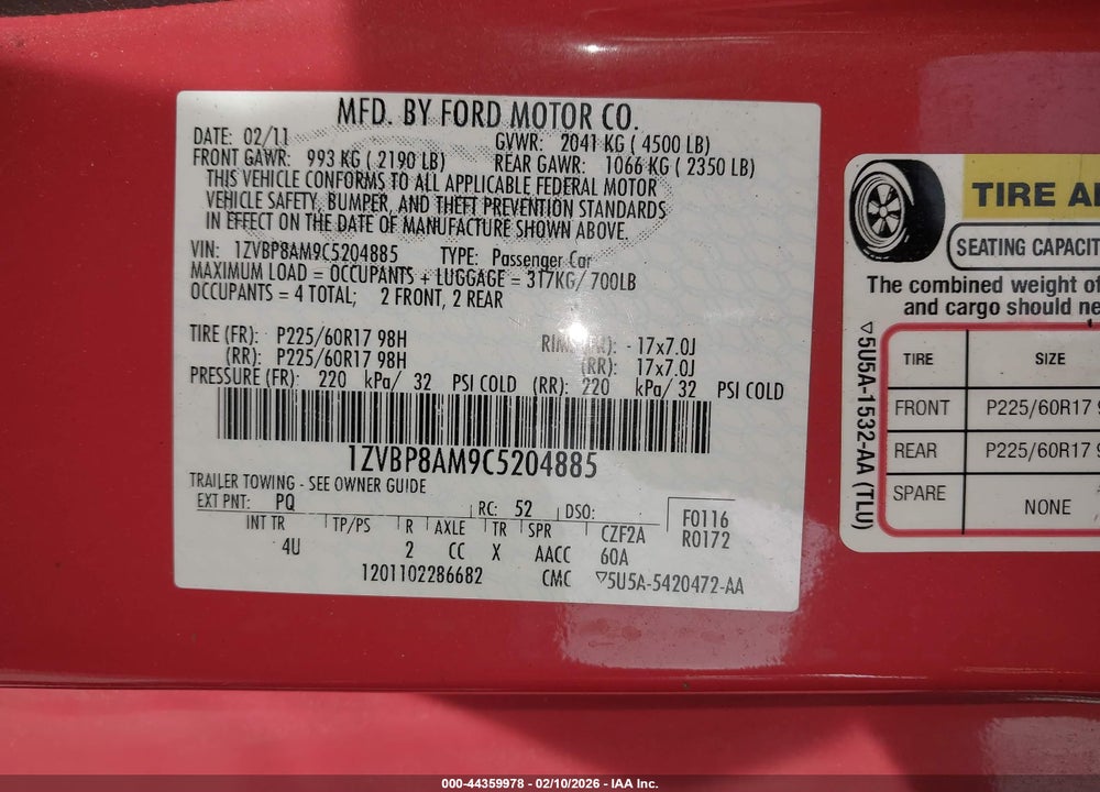 2012 FORD MUSTANG V6 PREMIUM VIN: 1ZVBP8AM9C5204885