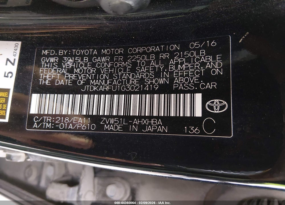 2016 TOYOTA PRIUS THREE TOURING VIN: JTDKARFU1G3021419