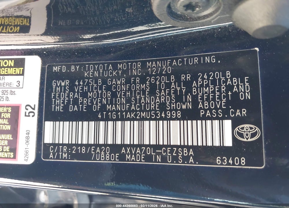 2021 TOYOTA CAMRY SE VIN: 4T1G11AK2MU534998