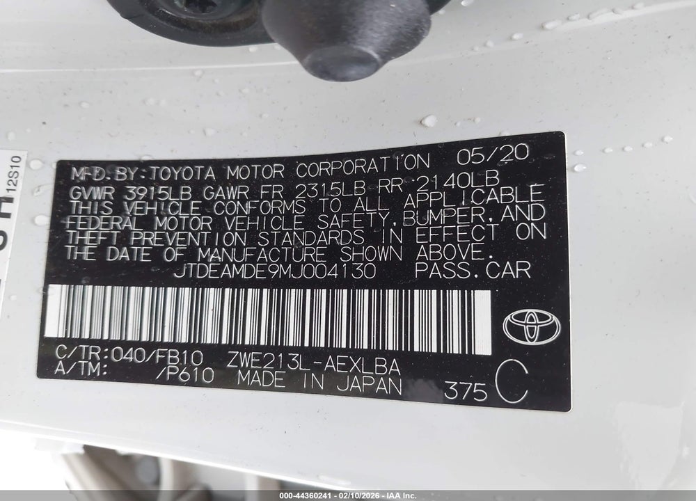 2021 TOYOTA COROLLA HYBRID LE VIN: JTDEAMDE9MJ004130