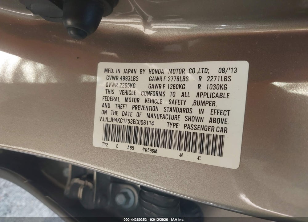 2014 ACURA RLX VIN: JH4KC1F53EC006114