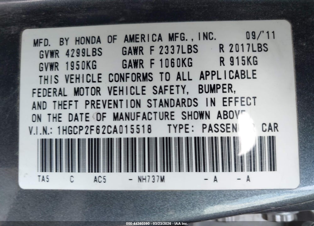 2012 HONDA ACCORD 2.4 SE VIN: 1HGCP2F62CA015518