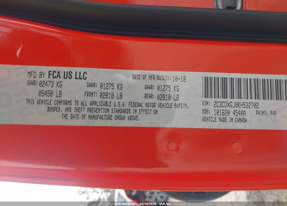 2019 DODGE CHARGER SCAT PACK RWD VIN: 2C3CDXGJ0KH532702
