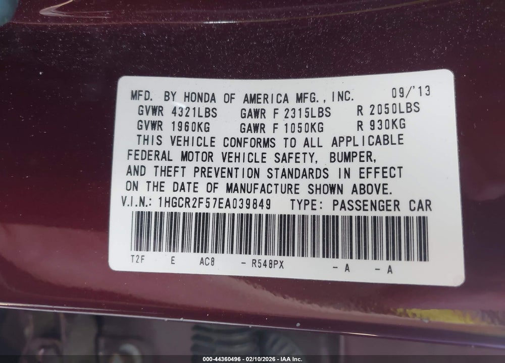 2014 HONDA ACCORD SPORT VIN: 1HGCR2F57EA039849