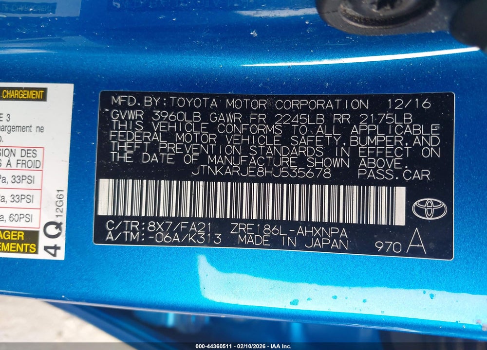2017 TOYOTA COROLLA IM VIN: JTNKARJE8HJ535678