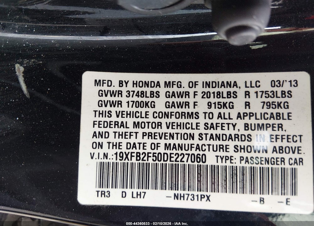 2013 HONDA CIVIC LX VIN: 19XFB2F50DE227060