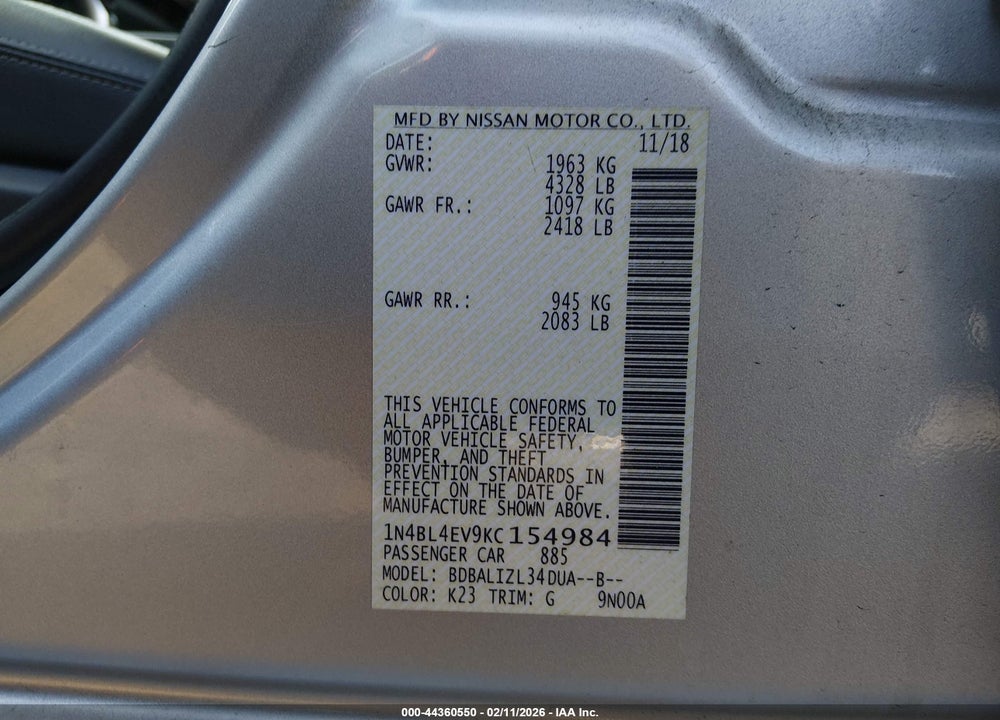 2019 NISSAN ALTIMA 2.5 SL VIN: 1N4BL4EV9KC154984