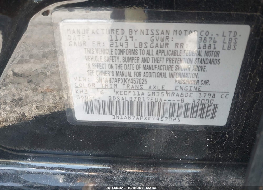 2019 NISSAN SENTRA S VIN: 3N1AB7APXKY457025
