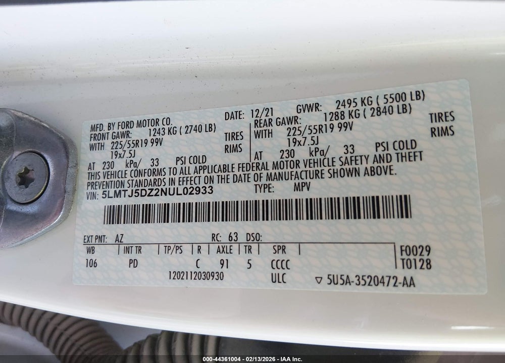 2022 LINCOLN CORSAIR GRAND TOURING VIN: 5LMTJ5DZ2NUL02933