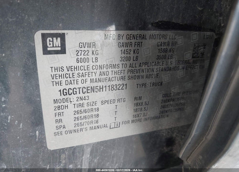 2017 CHEVROLET COLORADO LT VIN: 1GCGTCEN5H1183221