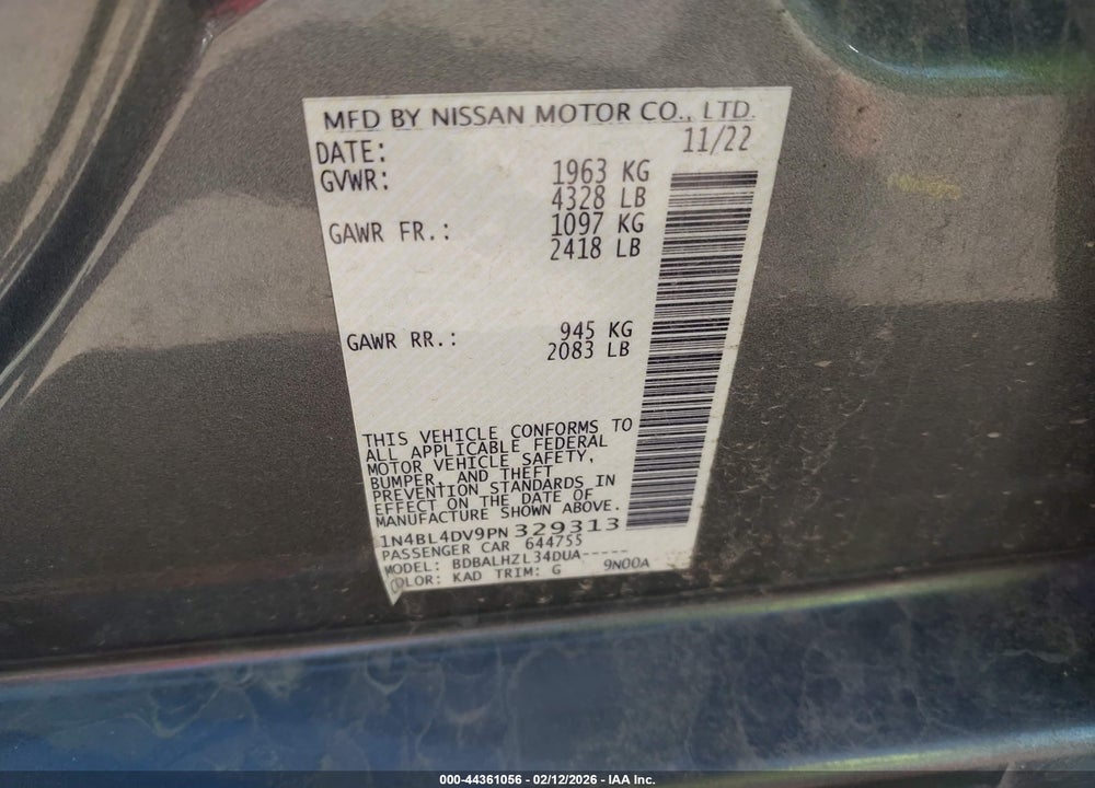 2023 NISSAN ALTIMA SV FWD VIN: 1N4BL4DV9PN329313