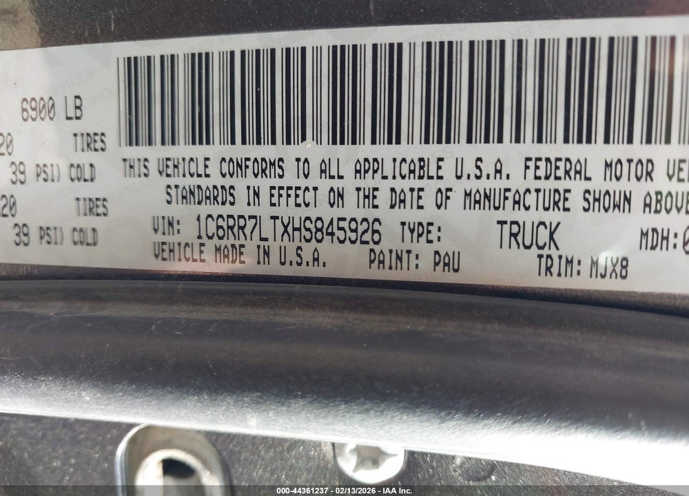 2017 RAM 1500 LONE STAR  4X4 5'7 BOX VIN: 1C6RR7LTXHS845926