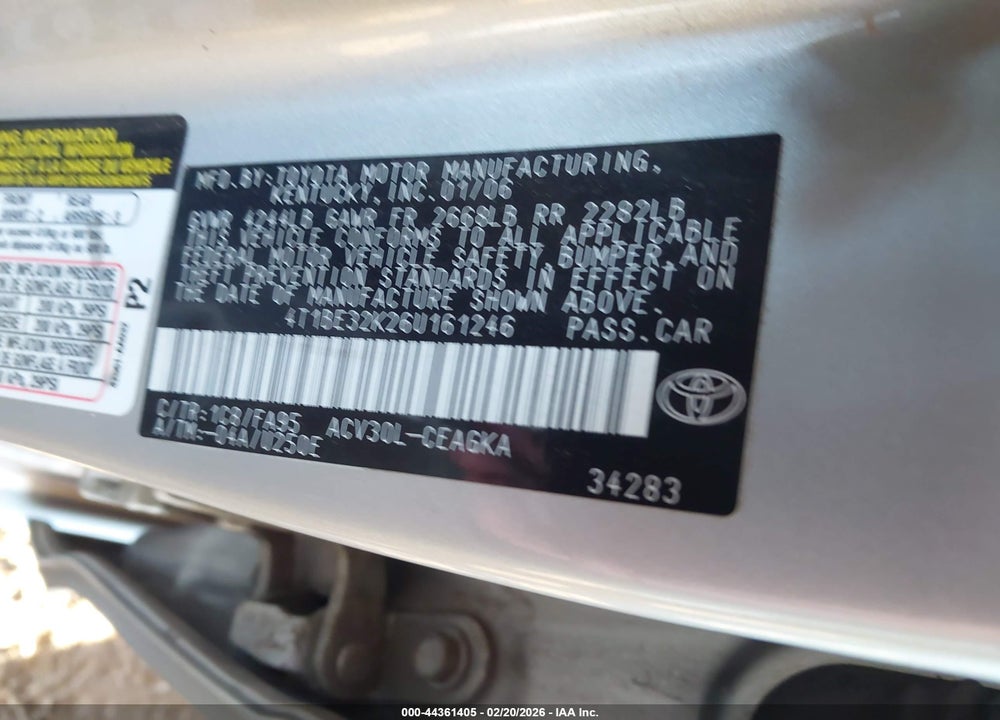 2006 TOYOTA CAMRY XLE VIN: 4T1BE32K26U161246