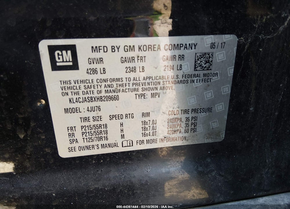2017 BUICK ENCORE PREFERRED VIN: KL4CJASBXHB209660