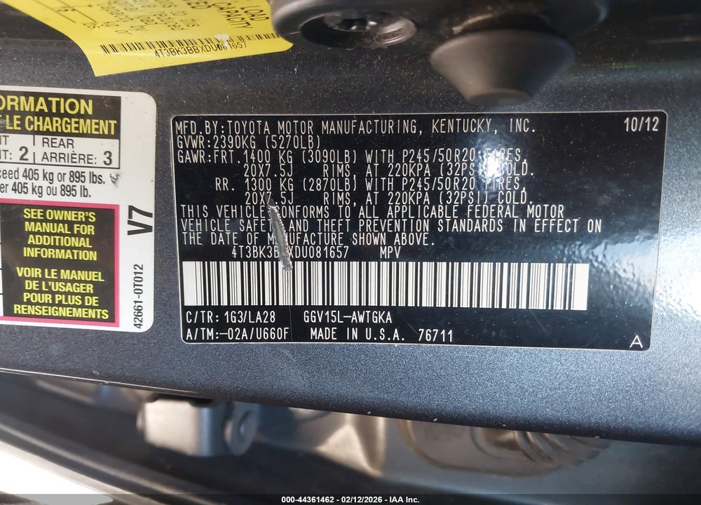 2013 TOYOTA VENZA LIMITED V6 VIN: 4T3BK3BBXDU081657