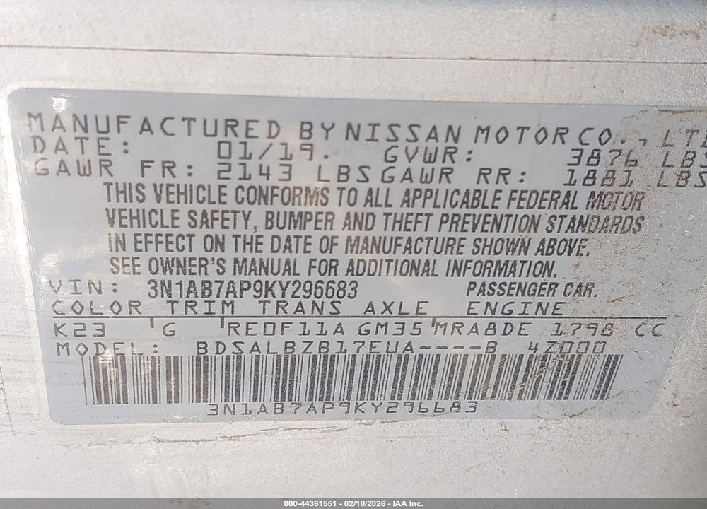 2019 NISSAN SENTRA S VIN: 3N1AB7AP9KY296683