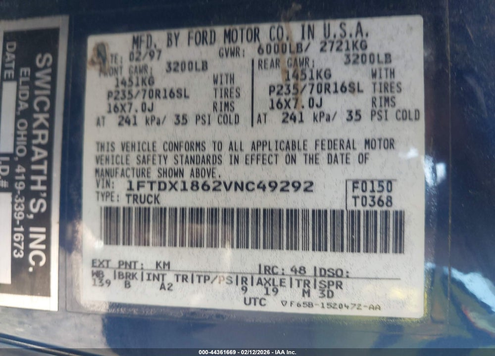 1997 FORD F-150 LARIAT/XL/XLT VIN: 1FTDX1862VNC49292