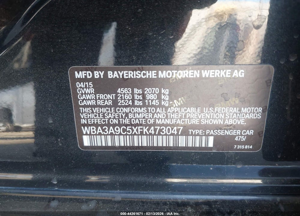 2015 BMW 335I VIN: WBA3A9C5XFK473047