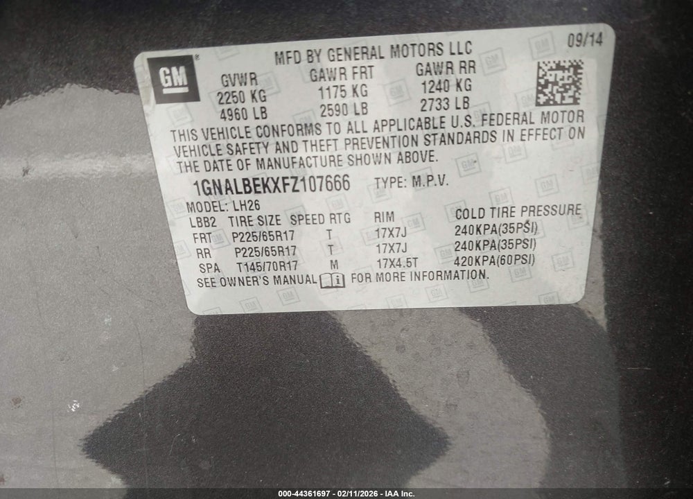 2015 CHEVROLET EQUINOX 1LT VIN: 1GNALBEKXFZ107666