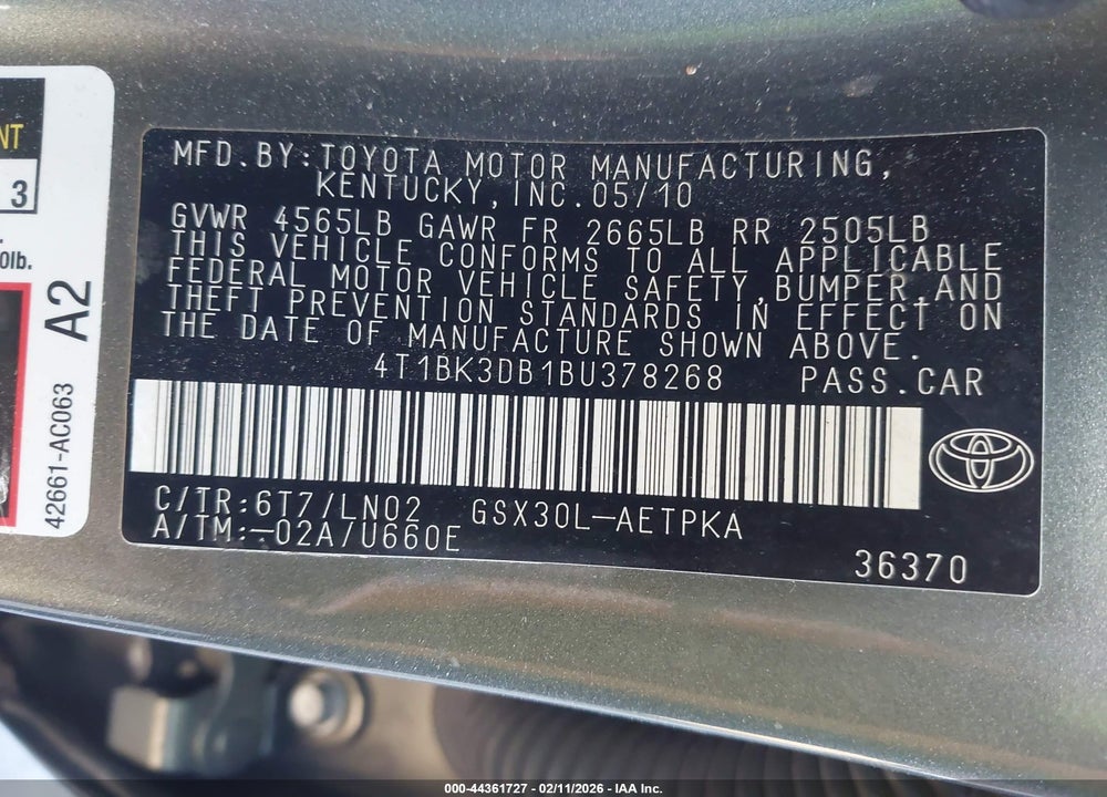 2011 TOYOTA AVALON LIMITED VIN: 4T1BK3DB1BU378268