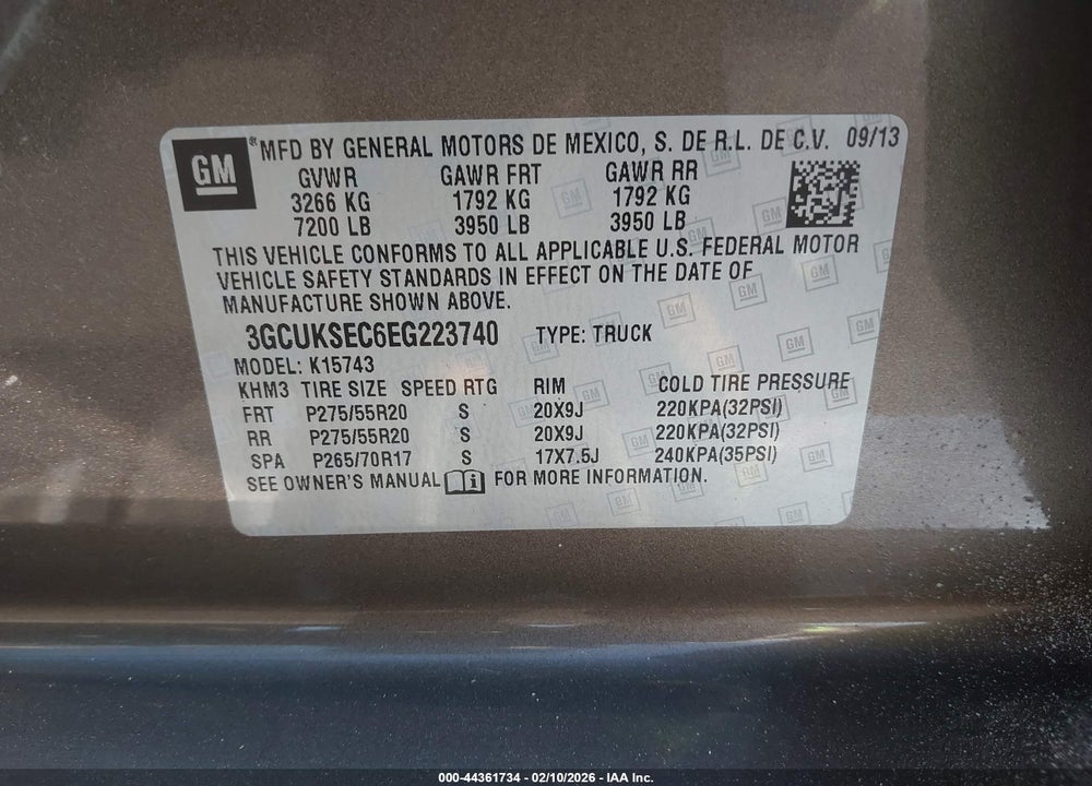 2014 CHEVROLET SILVERADO 1500 2LZ VIN: 3GCUKSEC6EG223740