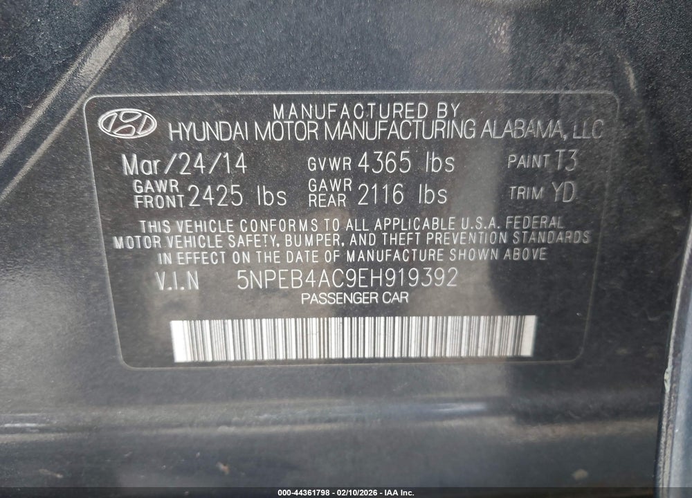 2014 HYUNDAI SONATA GLS VIN: 5NPEB4AC9EH919392