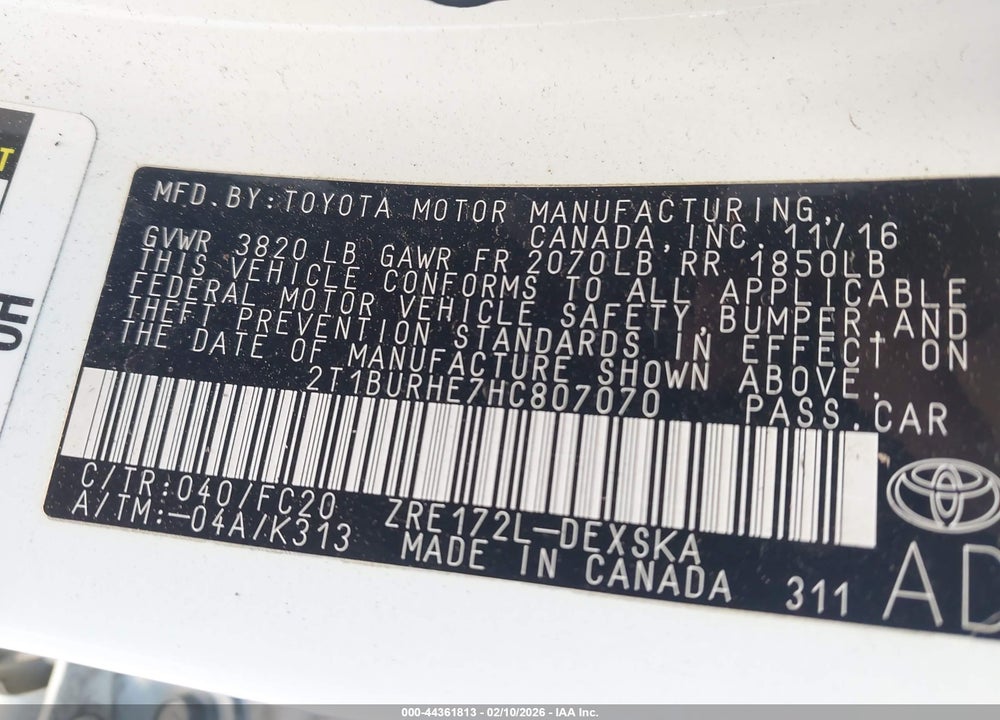 2017 TOYOTA COROLLA SE VIN: 2T1BURHE7HC807070