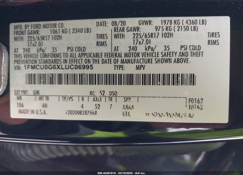 2020 FORD ESCAPE SE VIN: 1FMCU0G6XLUC06995