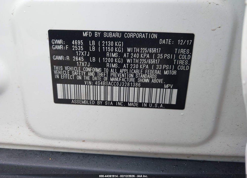 2018 SUBARU OUTBACK PREMIUM VIN: 4S4BSACC0J3281386
