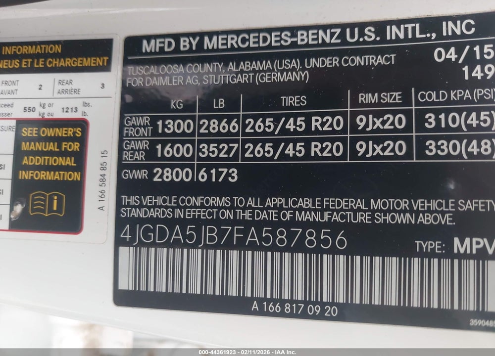 2015 MERCEDES-BENZ ML 350 VIN: 4JGDA5JB7FA587856