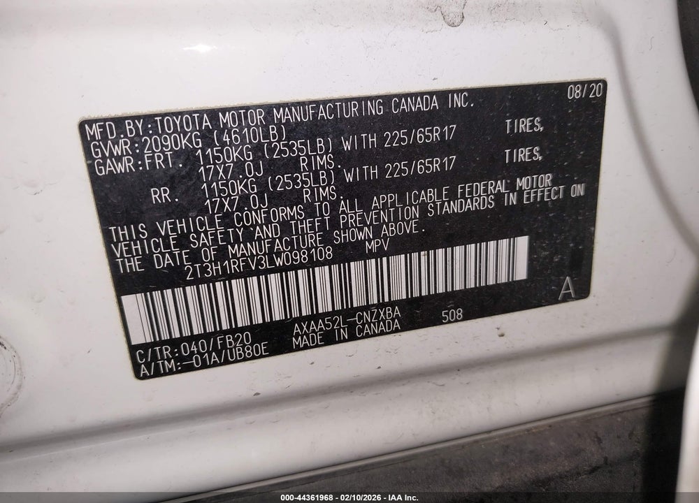 2020 TOYOTA RAV4 LE VIN: 2T3H1RFV3LW098108