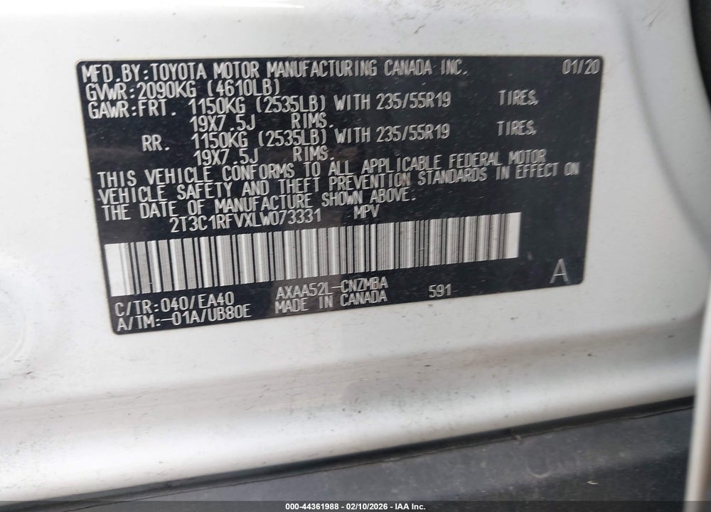 2020 TOYOTA RAV4 XLE PREMIUM VIN: 2T3C1RFVXLW073331