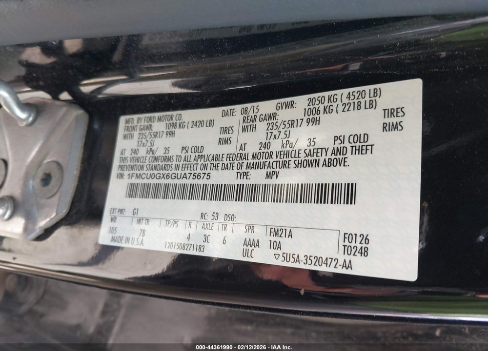 2016 FORD ESCAPE SE VIN: 1FMCU0GX6GUA75675