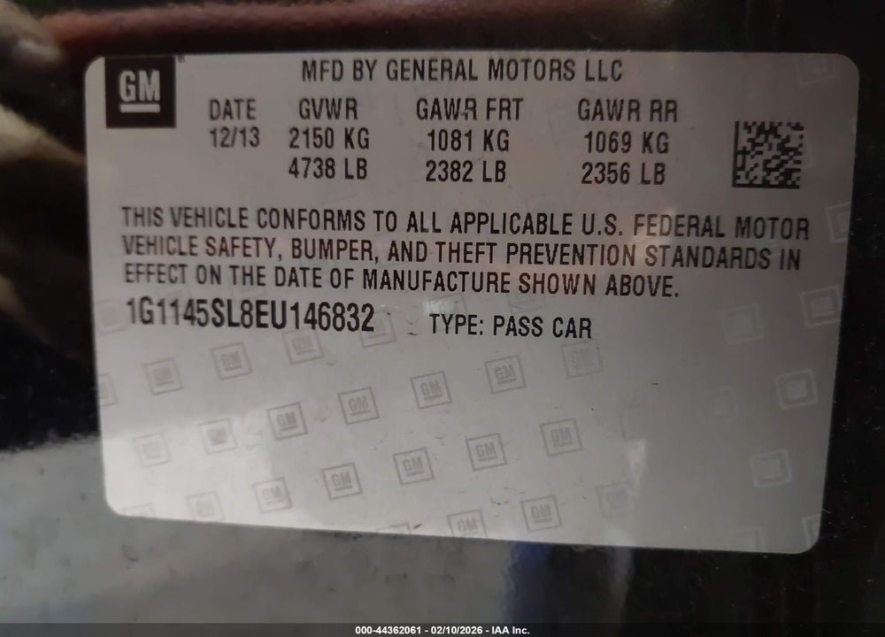2014 CHEVROLET IMPALA 1LZ VIN: 1G1145SL8EU146832