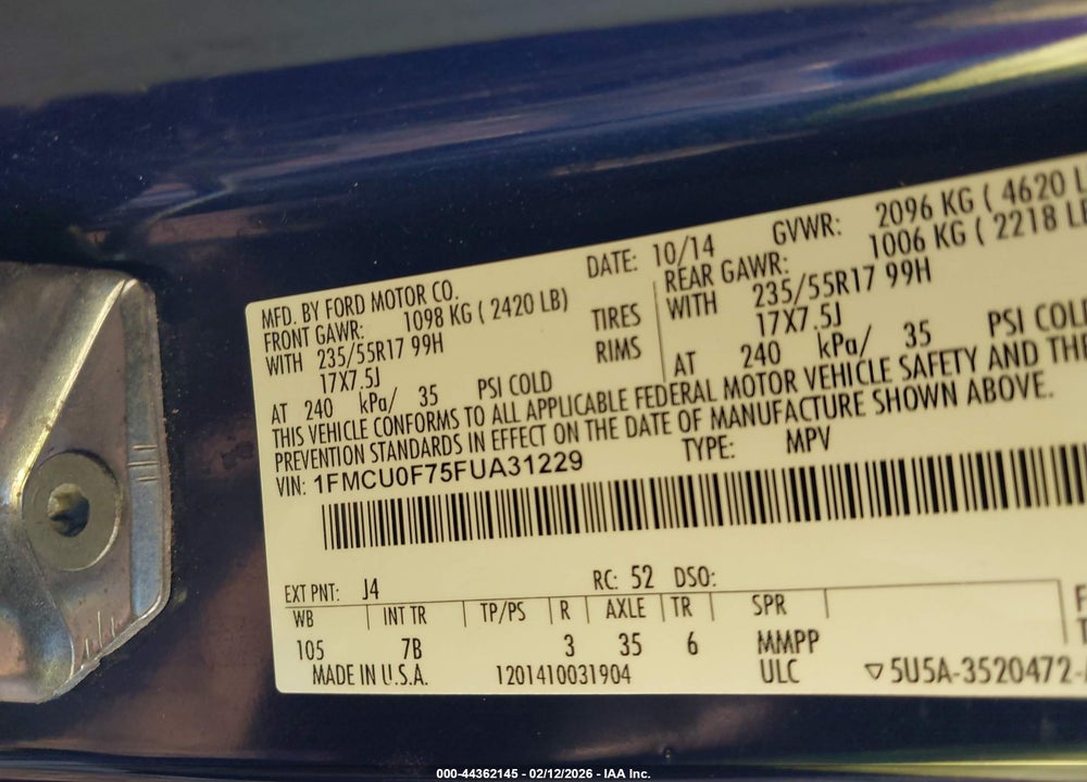 2015 FORD ESCAPE S VIN: 1FMCU0F75FUA31229