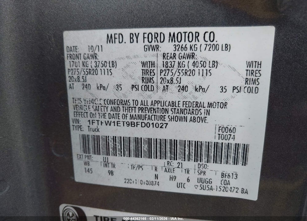 2011 FORD F-150 PLATINUM VIN: 1FTFW1ET9BFD01027