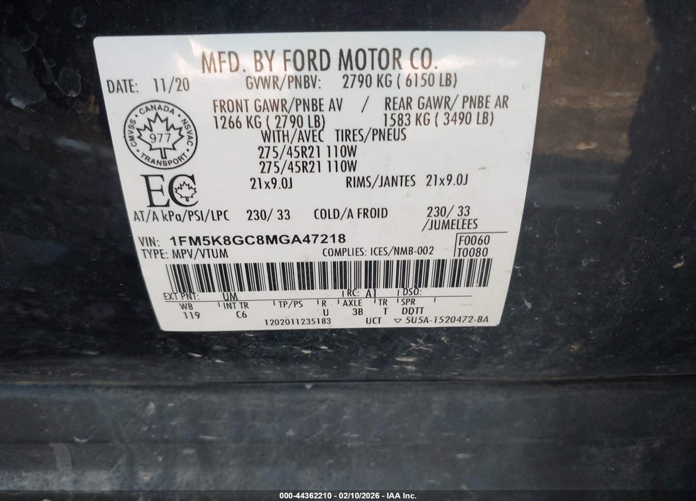 2021 FORD EXPLORER ST VIN: 1FM5K8GC8MGA47218