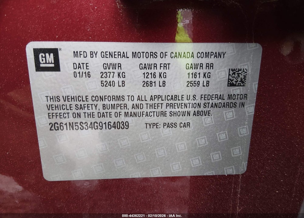 2016 CADILLAC XTS LUXURY COLLECTION VIN: 2G61N5S34G9164039