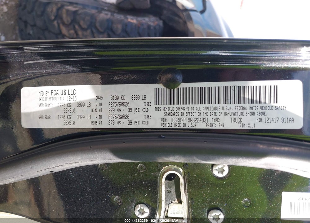 2016 RAM 1500 LONGHORN VIN: 1C6RR7PT9GS224931