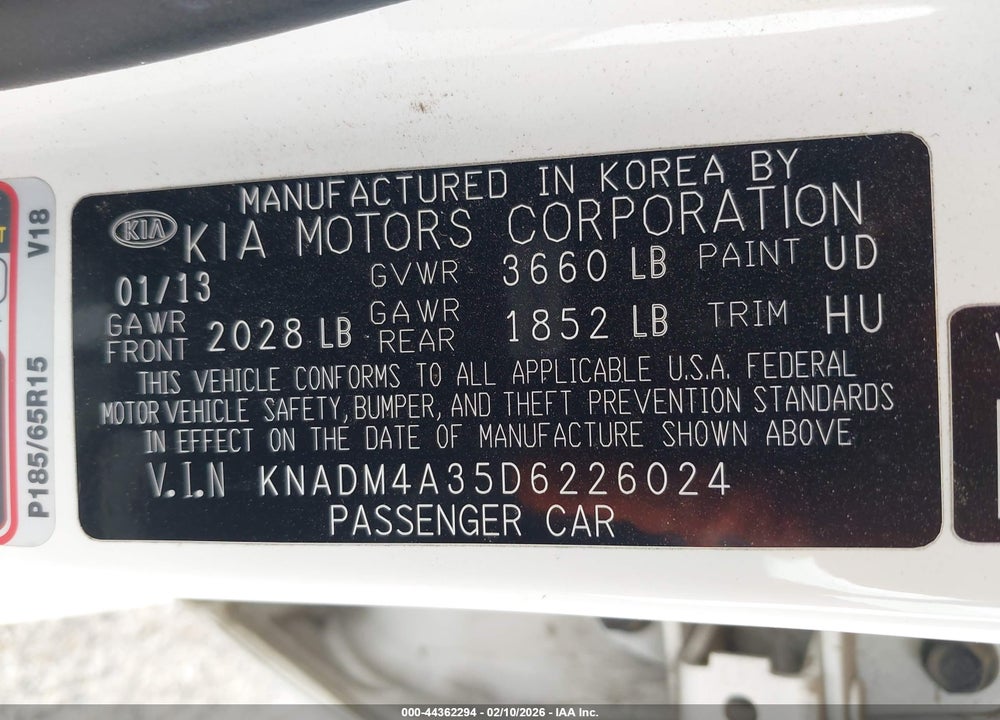 2013 KIA RIO LX VIN: KNADM4A35D6226024