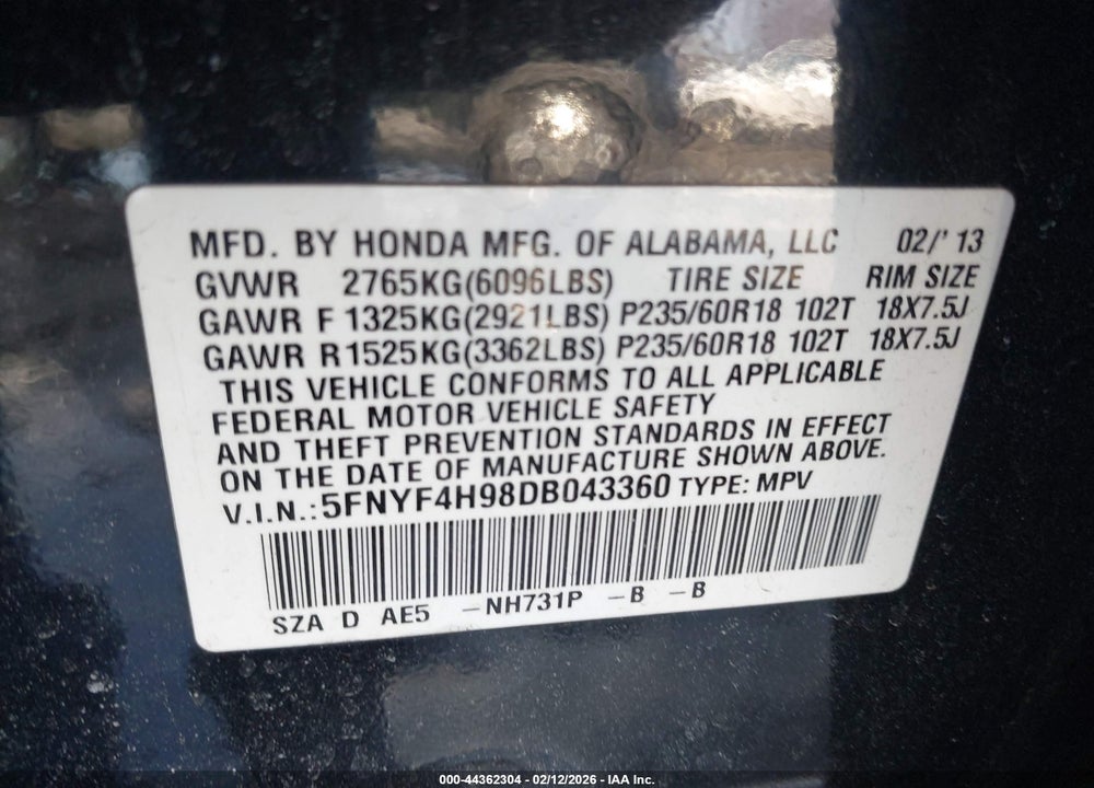 2013 HONDA PILOT TOURING VIN: 5FNYF4H98DB043360