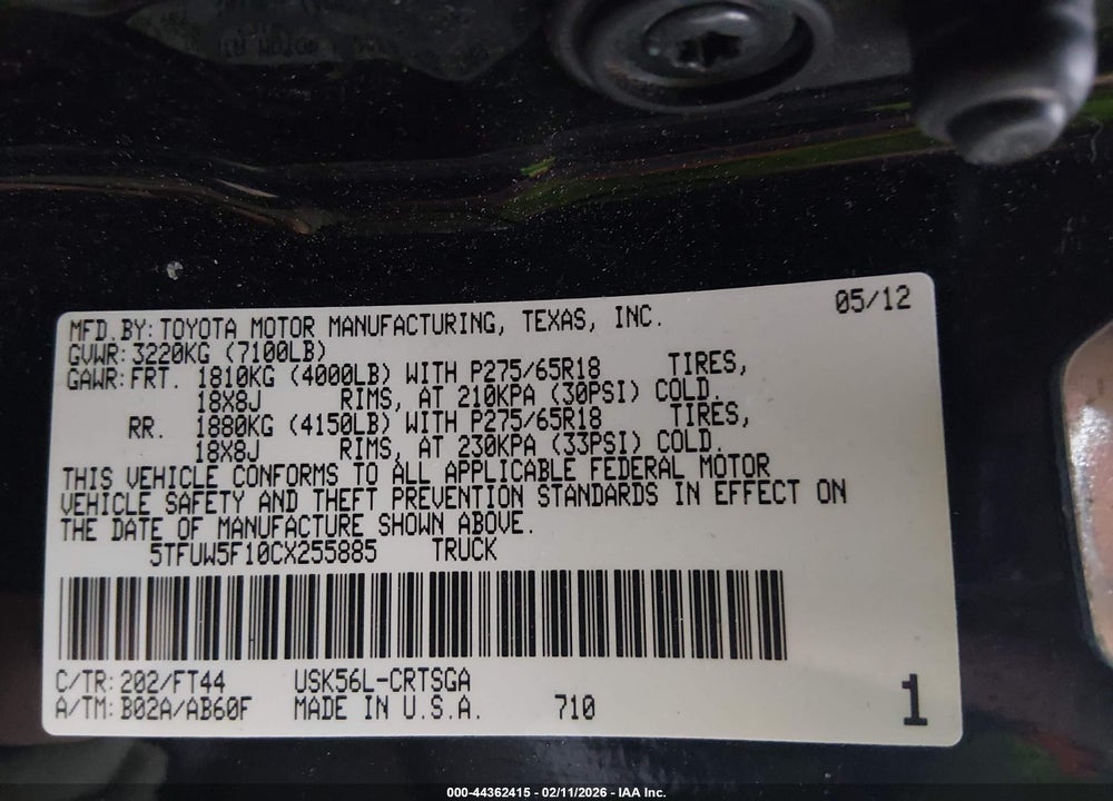 2012 TOYOTA TUNDRA GRADE 5.7L V8 VIN: 5TFUW5F10CX255885