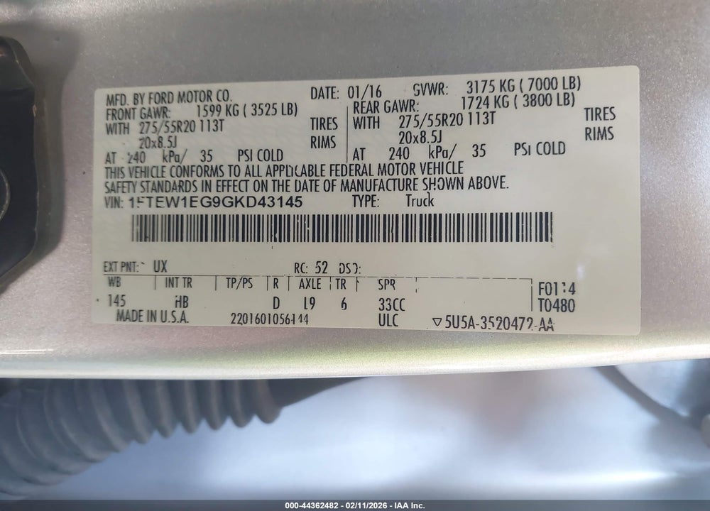 2016 FORD F-150 LARIAT VIN: 1FTEW1EG9GKD43145