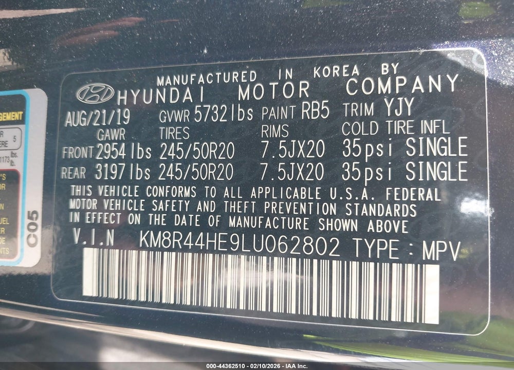 2020 HYUNDAI PALISADE SEL VIN: KM8R44HE9LU062802