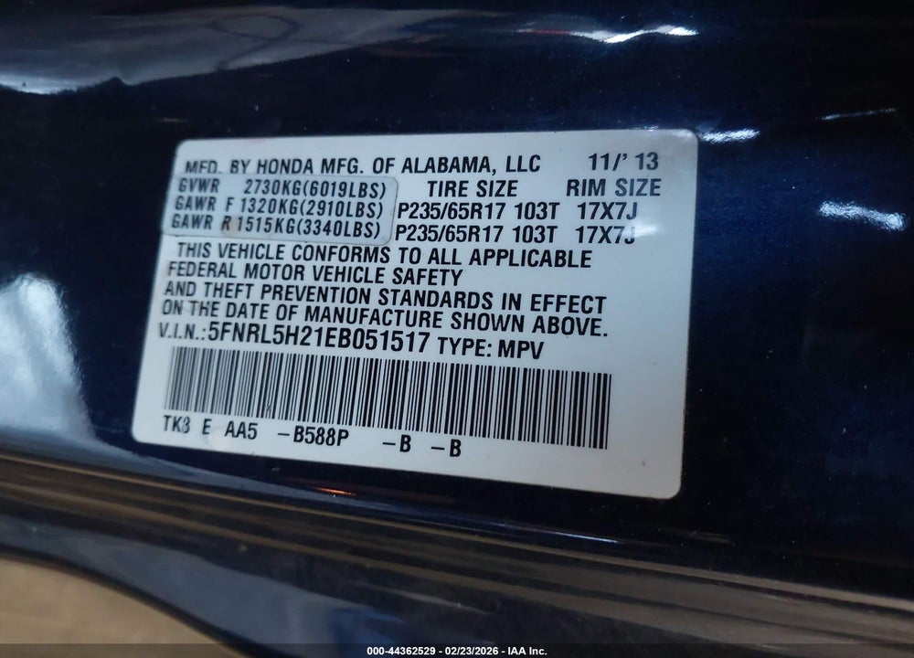 2014 HONDA ODYSSEY LX VIN: 5FNRL5H21EB051517