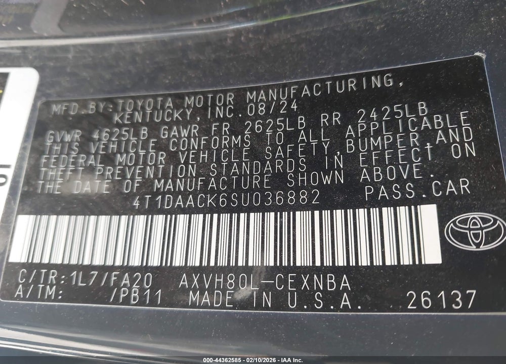 2025 TOYOTA CAMRY LE VIN: 4T1DAACK6SU036882
