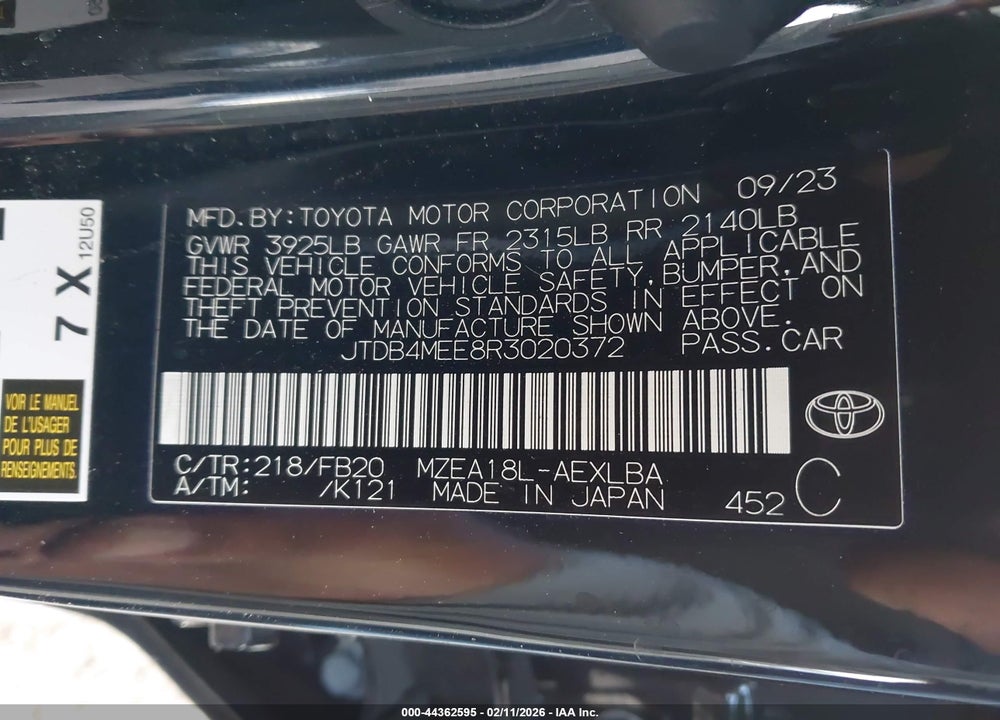 2024 TOYOTA COROLLA LE VIN: JTDB4MEE8R3020372