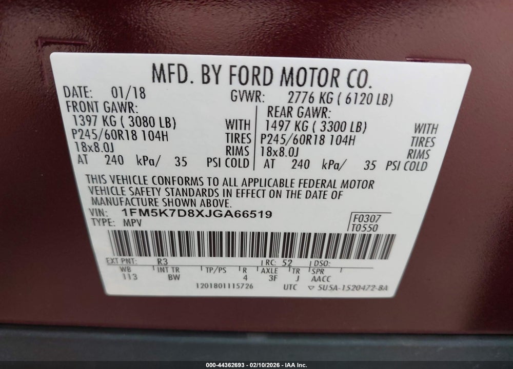 2018 FORD EXPLORER XLT VIN: 1FM5K7D8XJGA66519