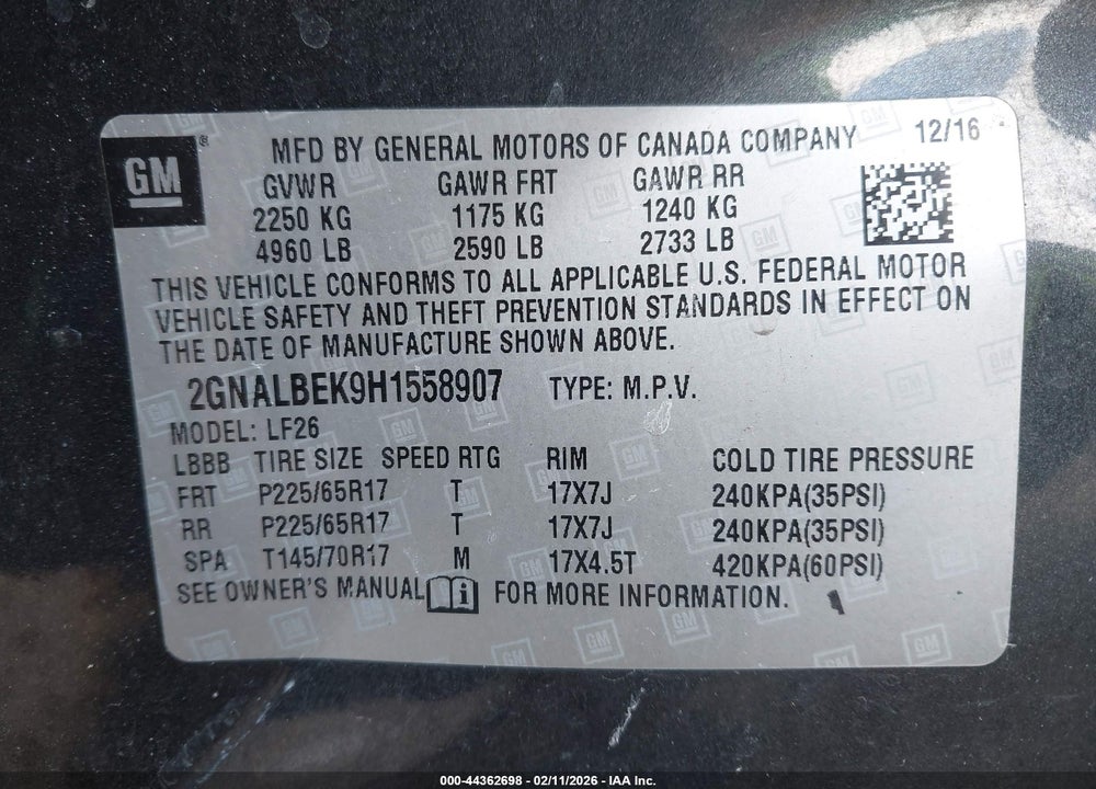 2017 CHEVROLET EQUINOX LS VIN: 2GNALBEK9H1558907