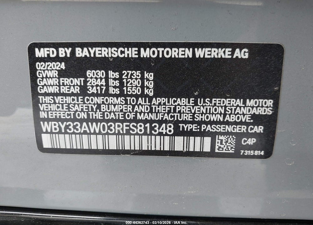 2024 BMW I4 GRAN COUPE M50 VIN: WBY33AW03RFS81348